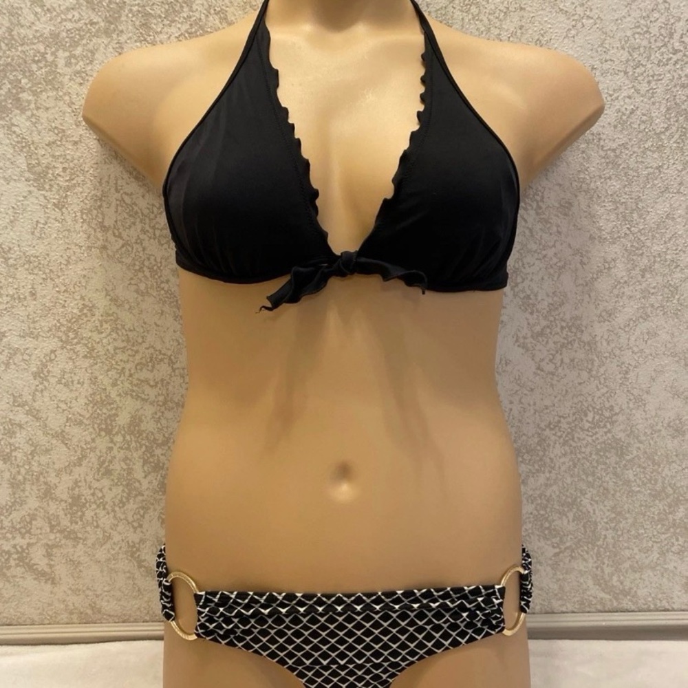 Victoria's Secret Black Halter Bikini with Diamond Print O-Ring-Detail Bottoms